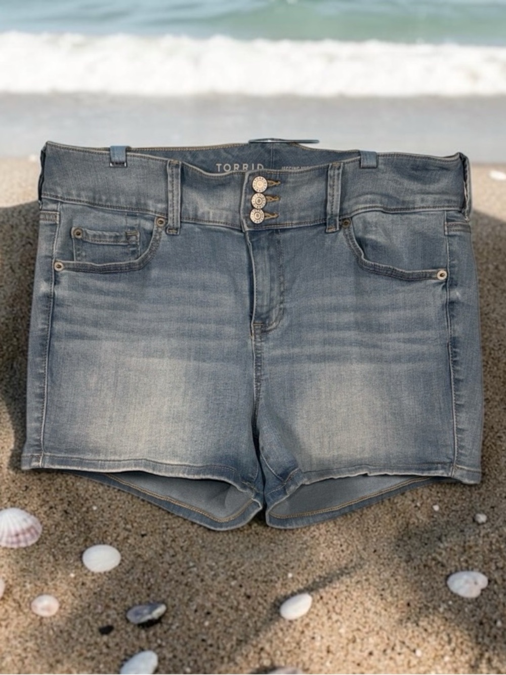torrid Light Blue High-Rise Triple Button Denim Shorts